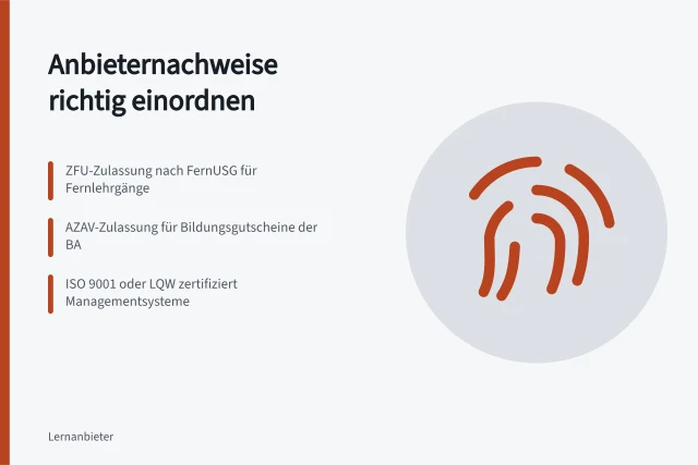 Qualitätssicherung und Zulassungen von Weiterbildungsanbietern prüfen. Anbieternachweise einordnen: Qualitätssicherung und Fernlehrgangszulassung