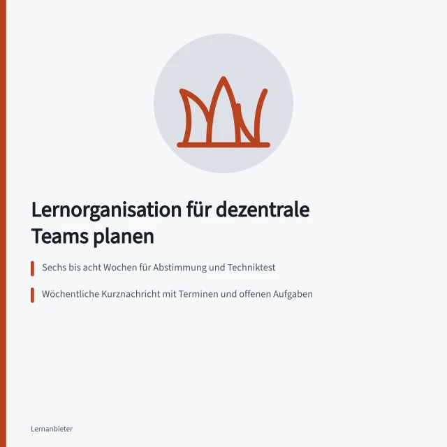 Checkliste zur Lernorganisation dezentraler Teams mit Kommunikation, Technik und Lernzeiten. Checkliste für die Lernorganisation dezentraler Teams