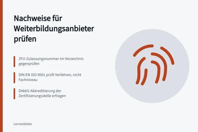 Karte zu Nachweisen und Zertifikaten von Weiterbildungsanbietern. Welche Nachweise belegen die Fachlichkeit eines Weiterbildungsanbieters?